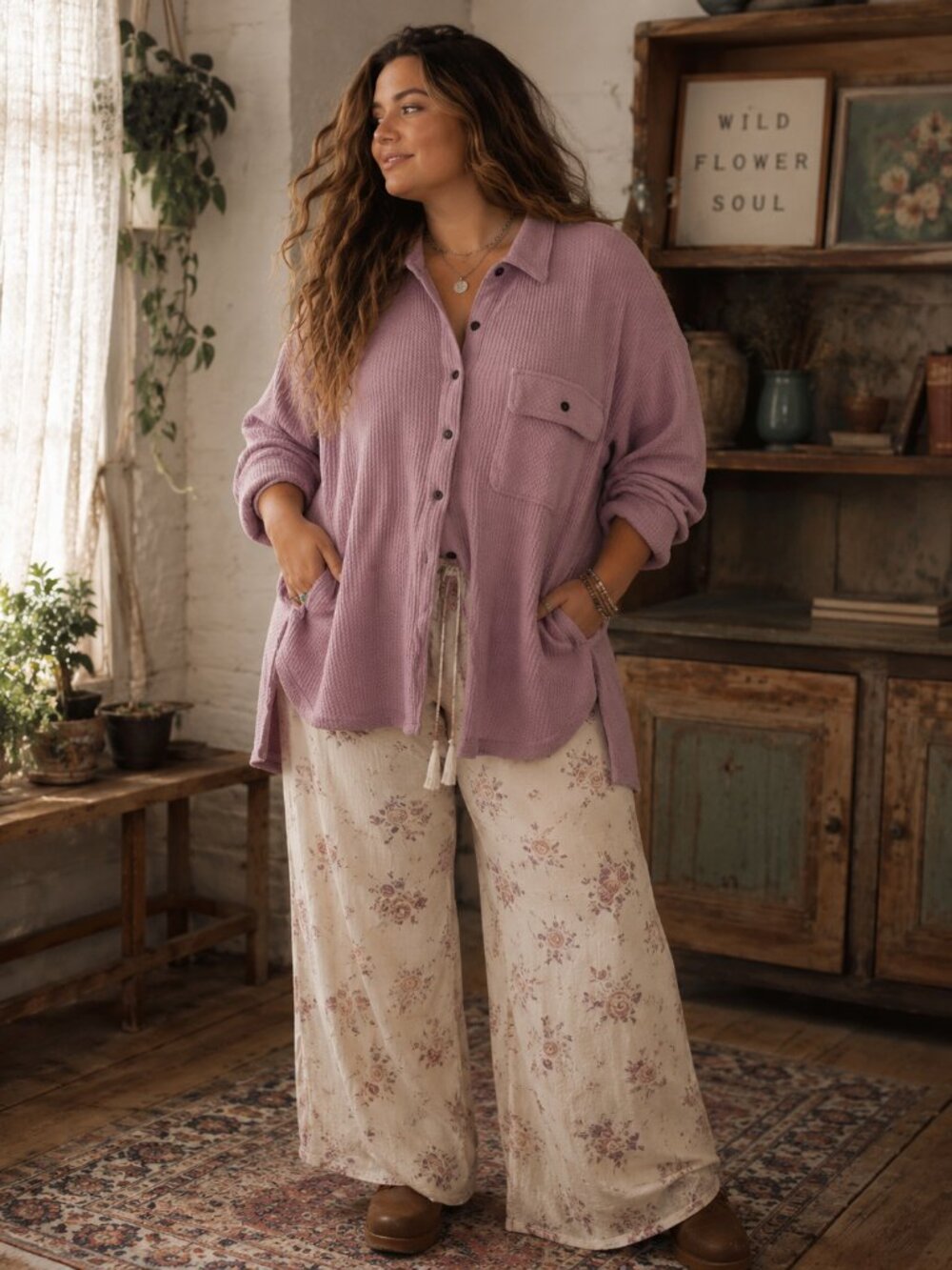 Cozy Waffle Button-Up Shacket in Dusty Rose - NWT